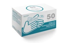 Caja con 50 sachets con toallita con solución hidro alcohólica