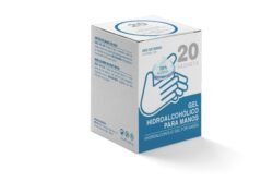 Caja con 20 sachets con gel hidro alcohólico