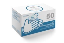 Caja con 50 sachets con gel hidro alcohólico